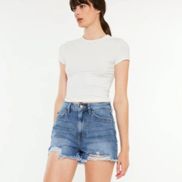 KANCAN DISTRESSED RAW HEM HIGH WAIST DENIM SHORTS SIZE 27‎ - Picture 1 of 8